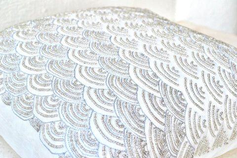 Handmade ivory white throw pillow with sashiko embroidered waves
