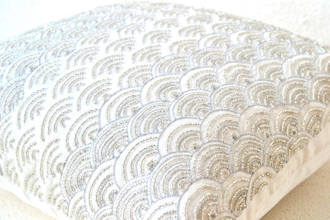 Handmade ivory white throw pillow with sashiko embroidered waves
