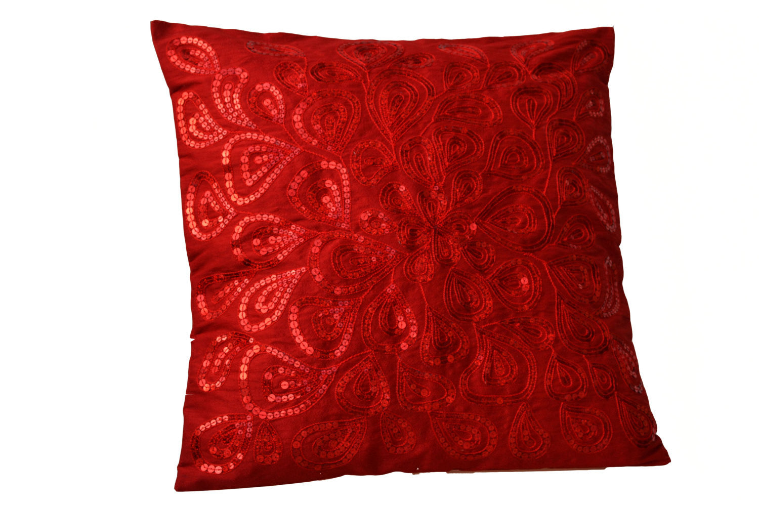 Handmade silk throw pillow cover with red sequin