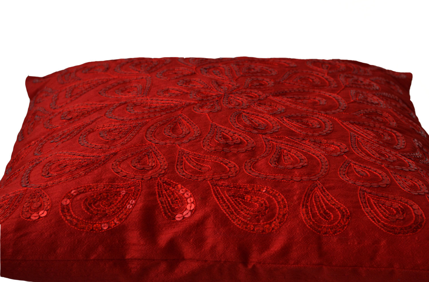 Handmade silk throw pillow cover with red sequin