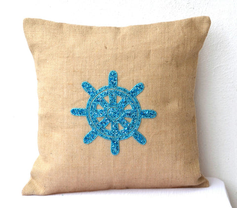 Handmade natural burlap nautical wheel throw pillow