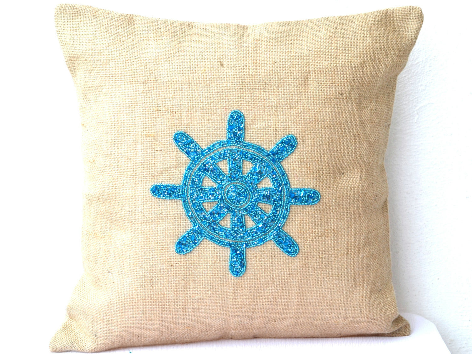 Handmade natural burlap nautical wheel throw pillow