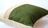 Handmade burlap green pillow with color block