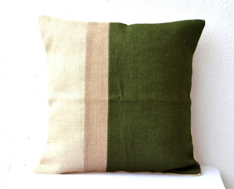 Handmade burlap green pillow with color block