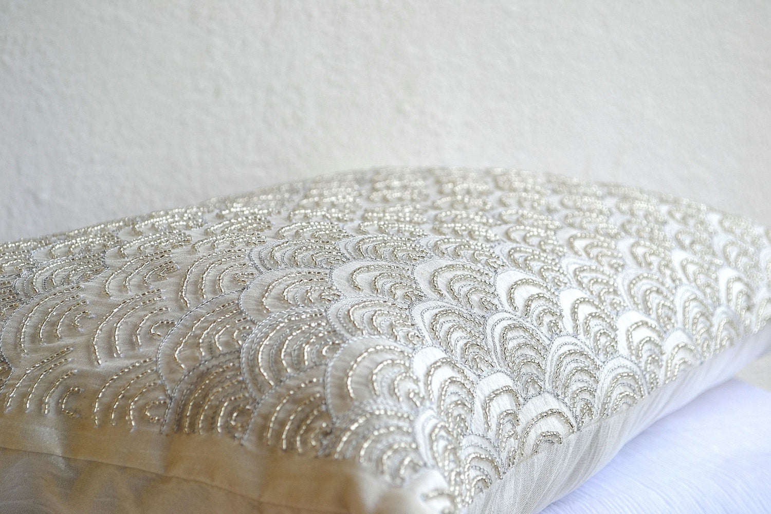 Handmade ivory white throw pillows with sashiko wave pattern
