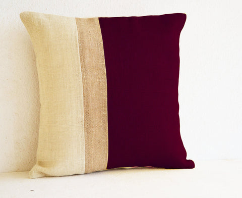 Handmade burlap burgundy pillow cover with color block
