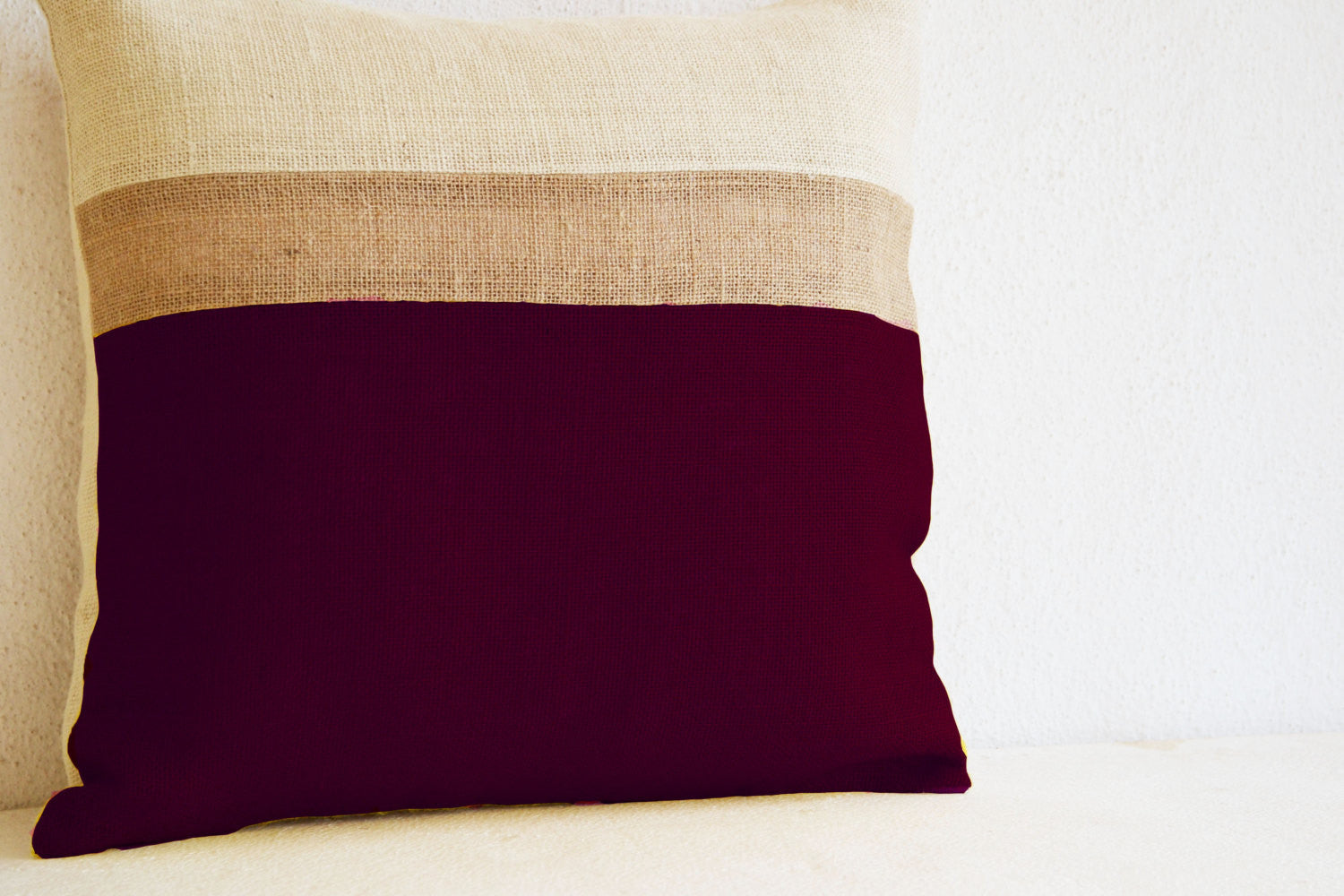 Handmade burgundy pillow covers in burlap