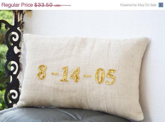 Buy handmade gold lumbar pillow cover with custom date to remember