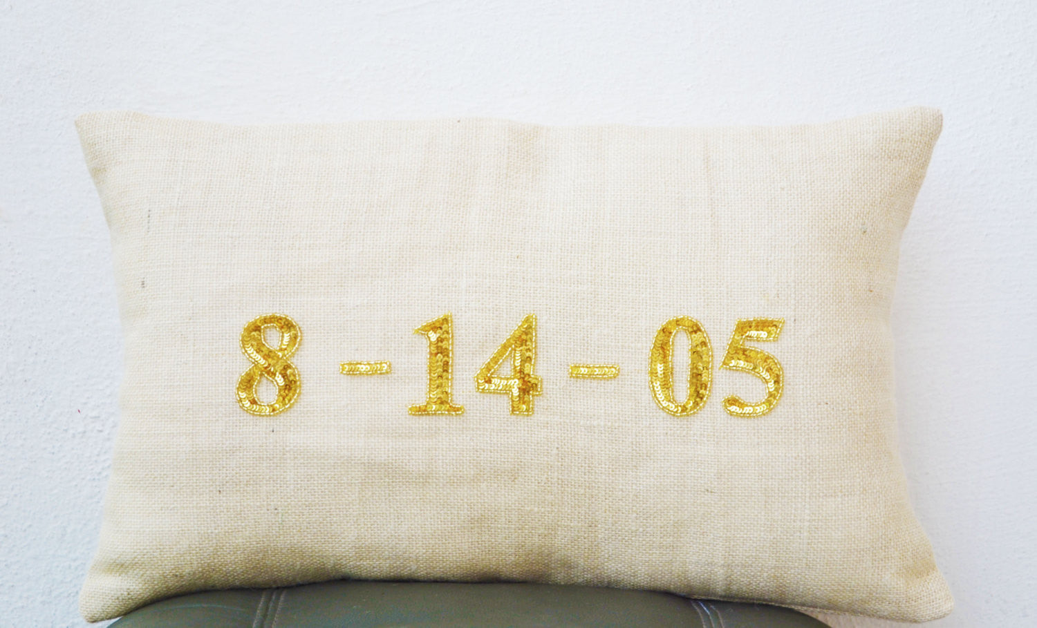 Handmade burlap pillow with date monogram