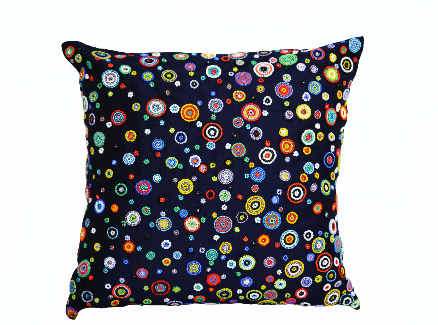 Handmade art inspired navy blue pillows with colorful beads
