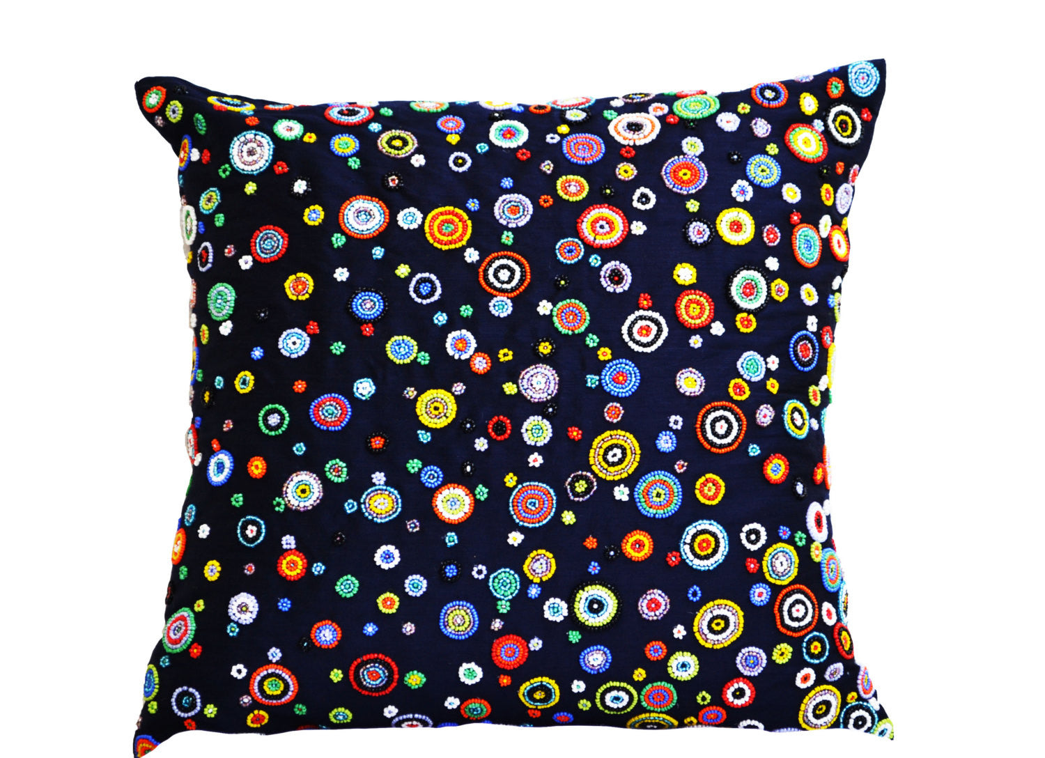 Handmade navy blue throw pillow with beads in multiple colors