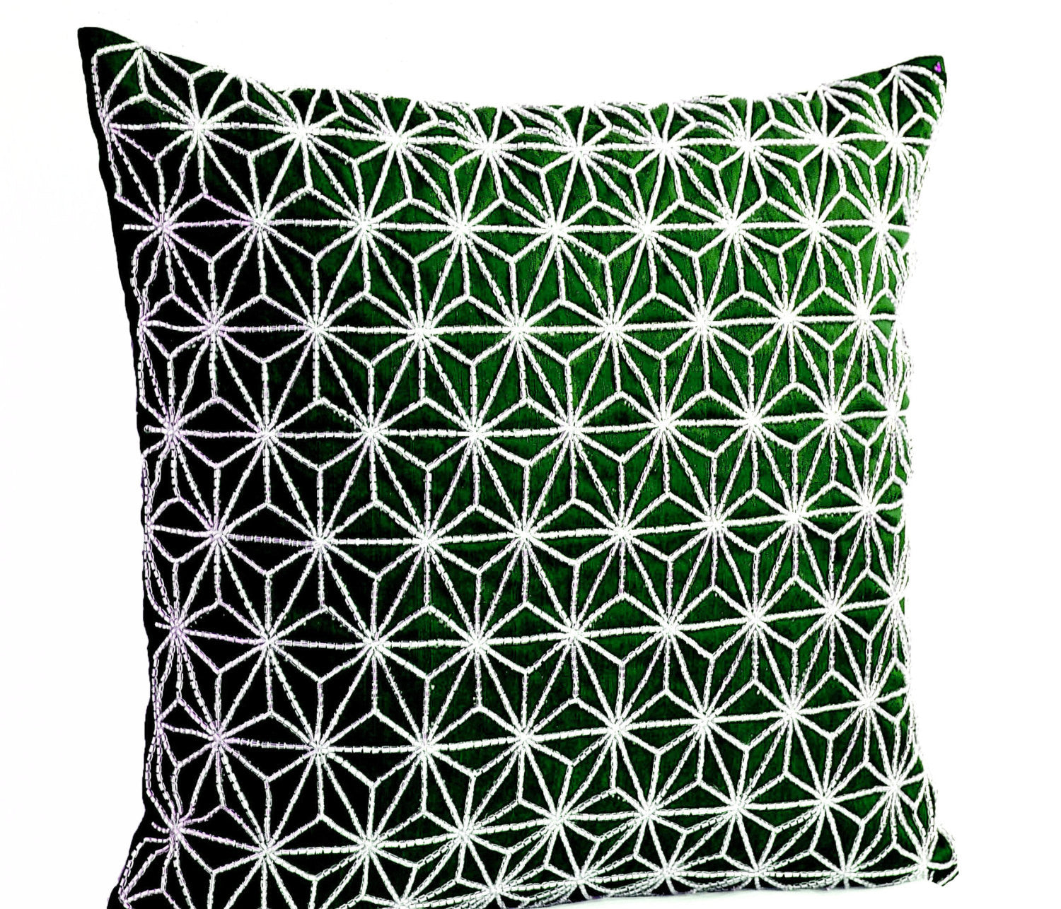 Handmade emerald green throw pillow with embroidered hemp leaf