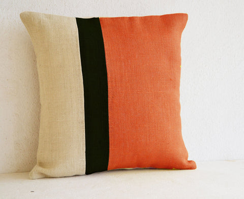 Handmade burlap orange throw pillow cover