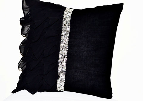 Handmade black throw pillow with ruffled sequin