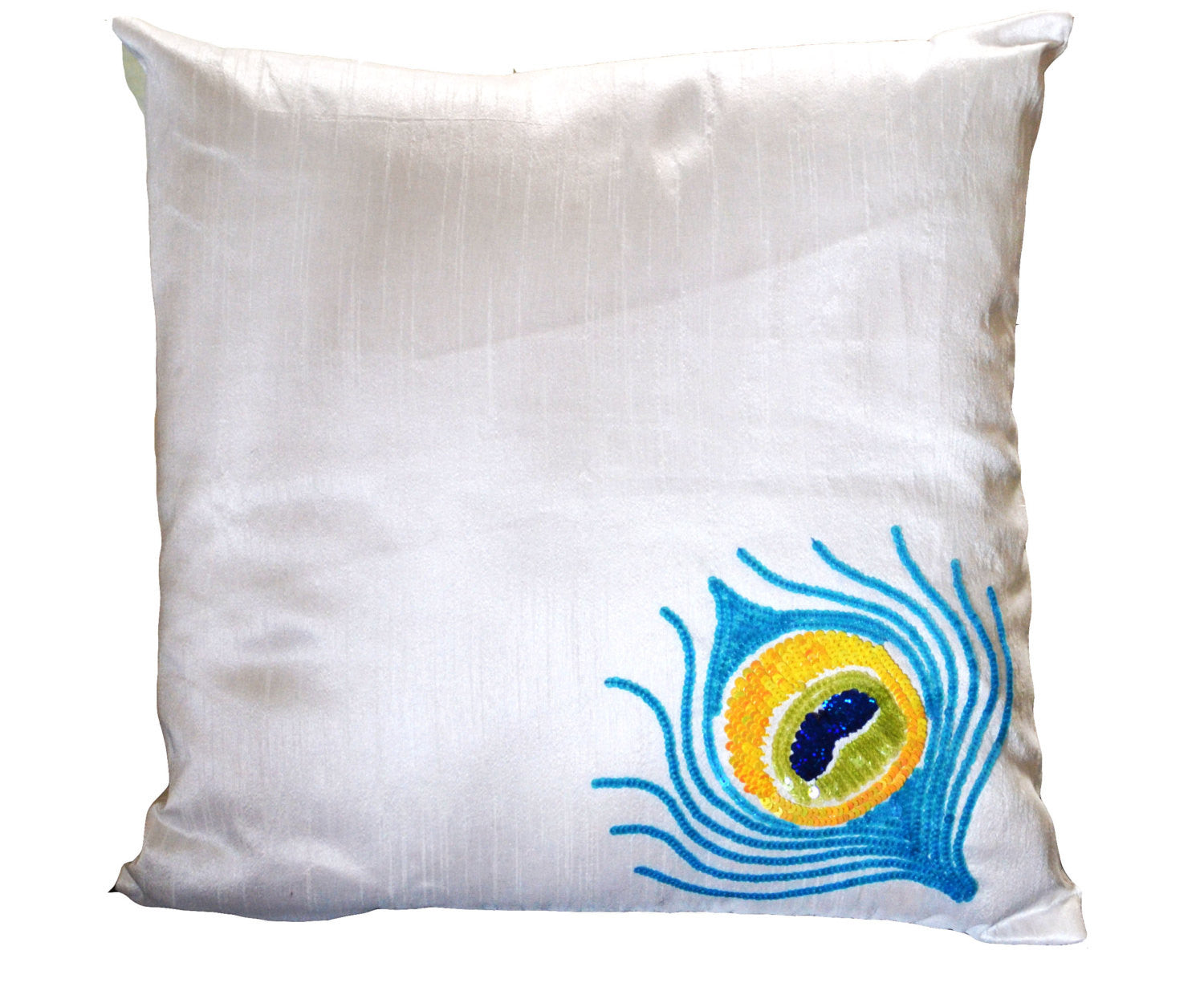 Handmade ivory white throw pillow with peacock feather with embroidery
