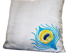 Handmade ivory white throw pillow with peacock feather with embroidery