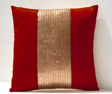 Handmade red throw pillow with silk gold color block and sequin
