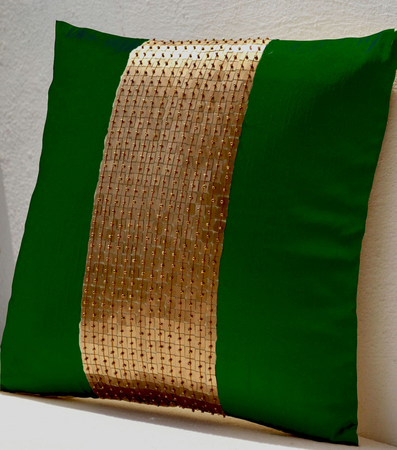 Handmade emerald green throw pillow with gold color, silk sequin and beads