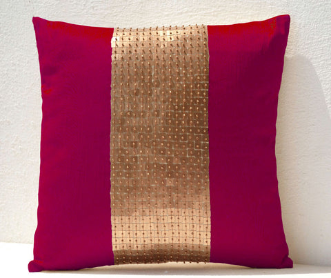 Handmade fuchsia gold pillow with color block and sequin 