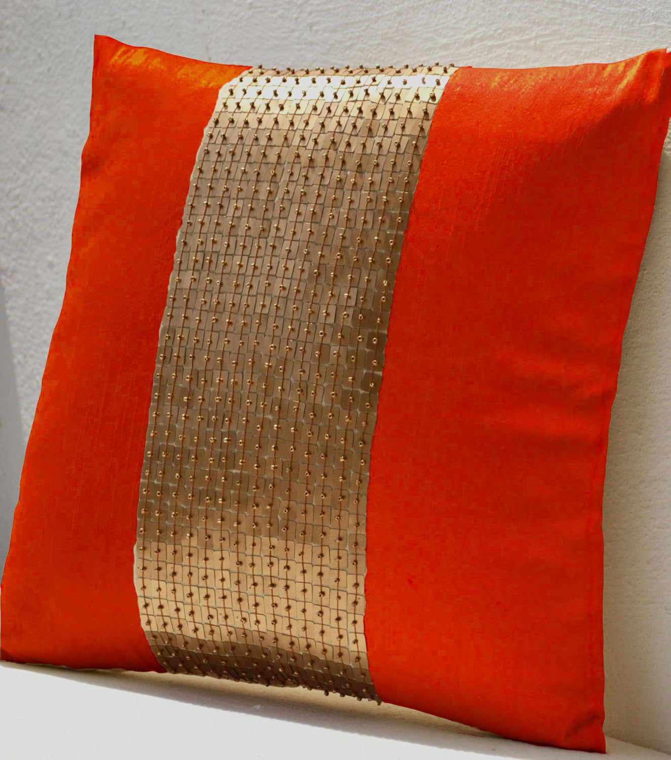 Handmade orange gold throw pillow with sequin