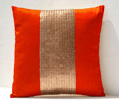 Handmade orange gold throw pillow with sequin