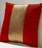 Handmade red throw pillow with silk gold color block and sequin