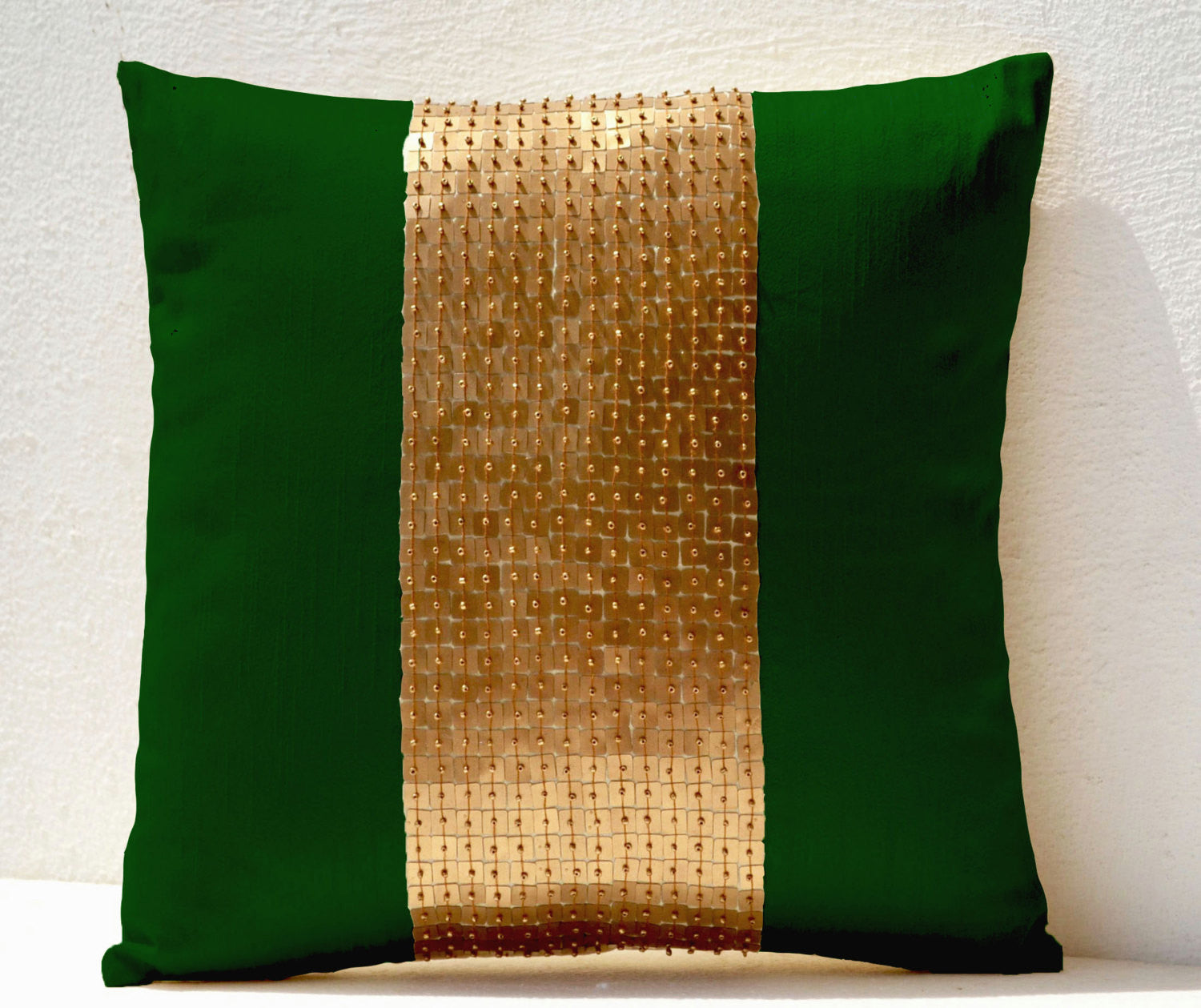 Handmade emerald green throw pillow with gold color, silk sequin and beads