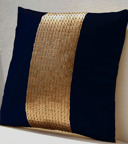 Handmade navy blue throw pillow cover with gold silk sequin