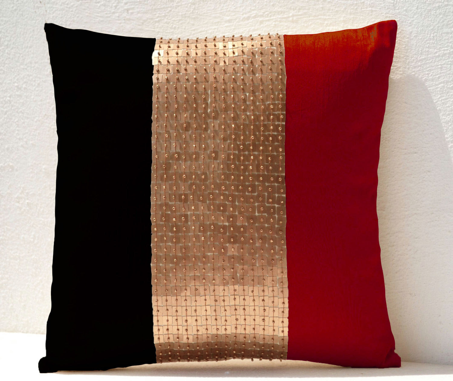 Handmade throw pillows with red black gold color block
