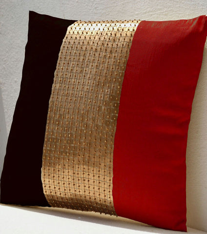 Handmade throw pillows with red black gold color block