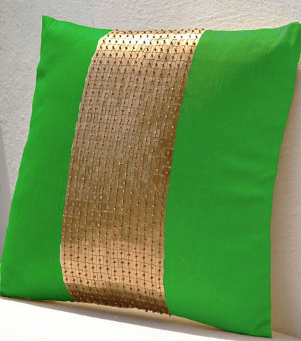 Handmade neon green throw pillow with color block and sequin