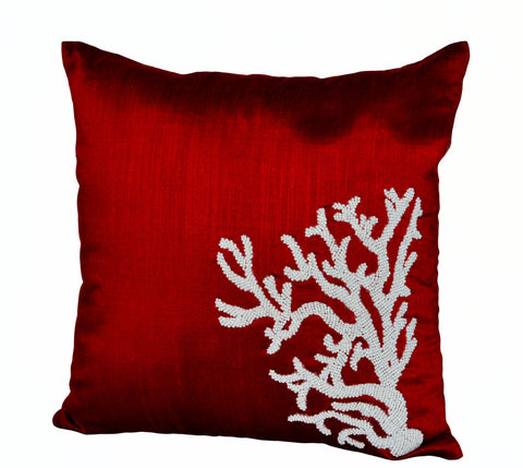 Handmade red silk pillow with white coral design