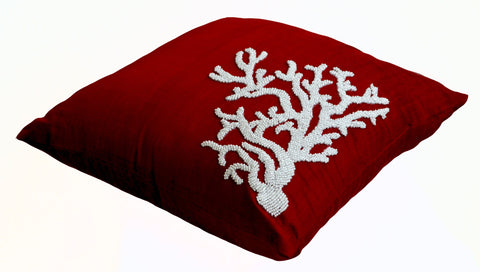 Handmade red silk pillow with white coral design