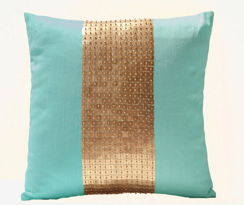 Handmade teal gold silk pillows with sequin
