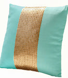 Handmade teal gold silk pillows with sequin