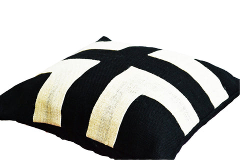 Applique Geometric Black Ivory Burlap Pillow Cushion Cover For Modern Decor