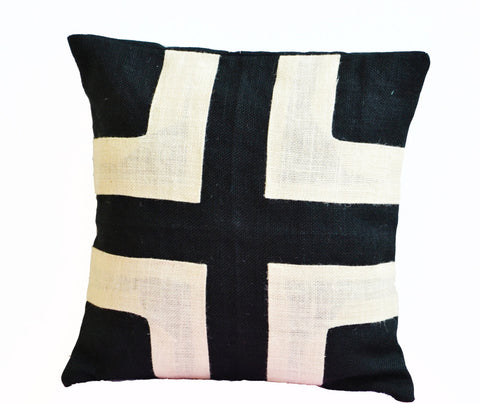 Applique Geometric Black Ivory Burlap Pillow Cushion Cover For Modern Decor