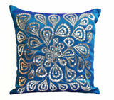 Handmade blue floral throw pillow with silver sequin