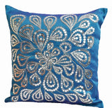 Handmade blue floral throw pillow with silver sequin
