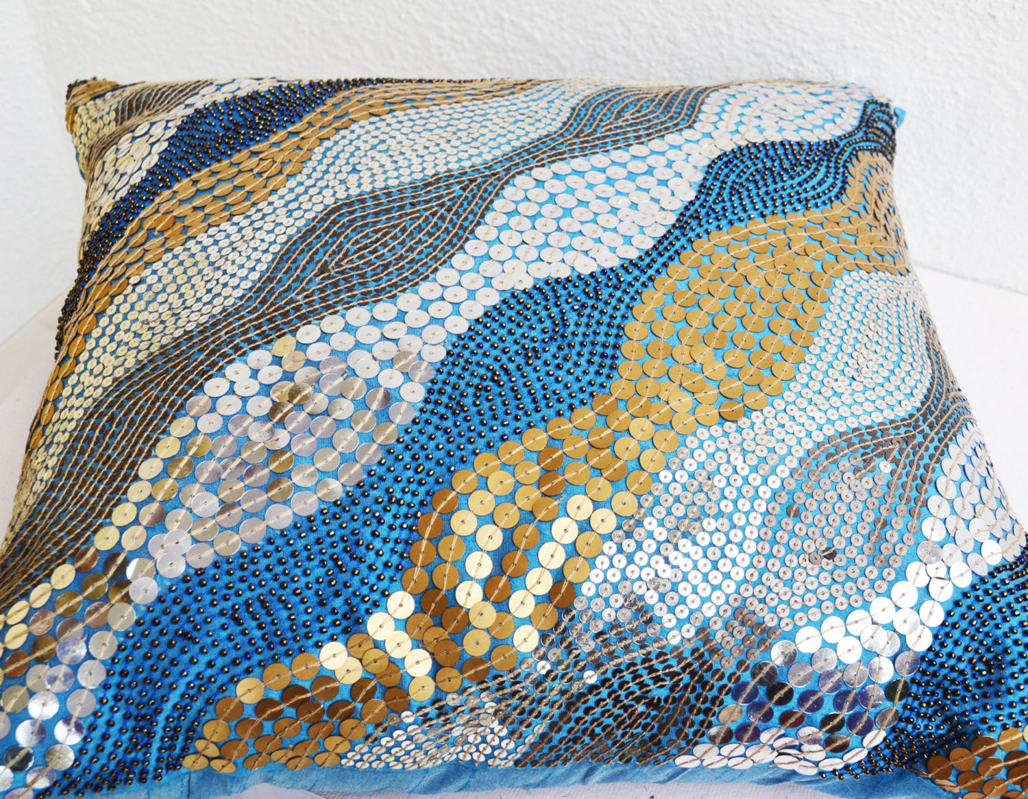 Buy blue throw pillows in silver copper gold sequin sparkle embroidery