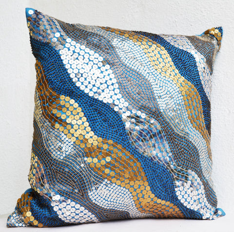 Buy blue throw pillows in silver copper gold sequin sparkle embroidery