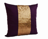 Handmade throw pillows in purple and gold with silk sequin