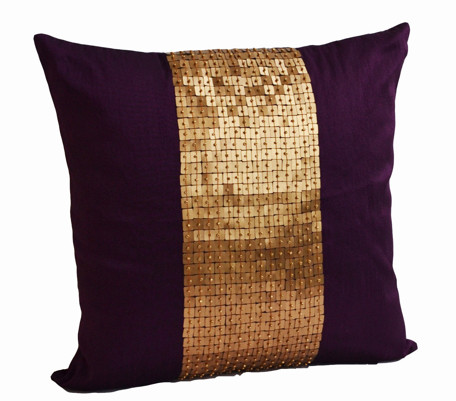 Handmade throw pillows in purple and gold with silk sequin