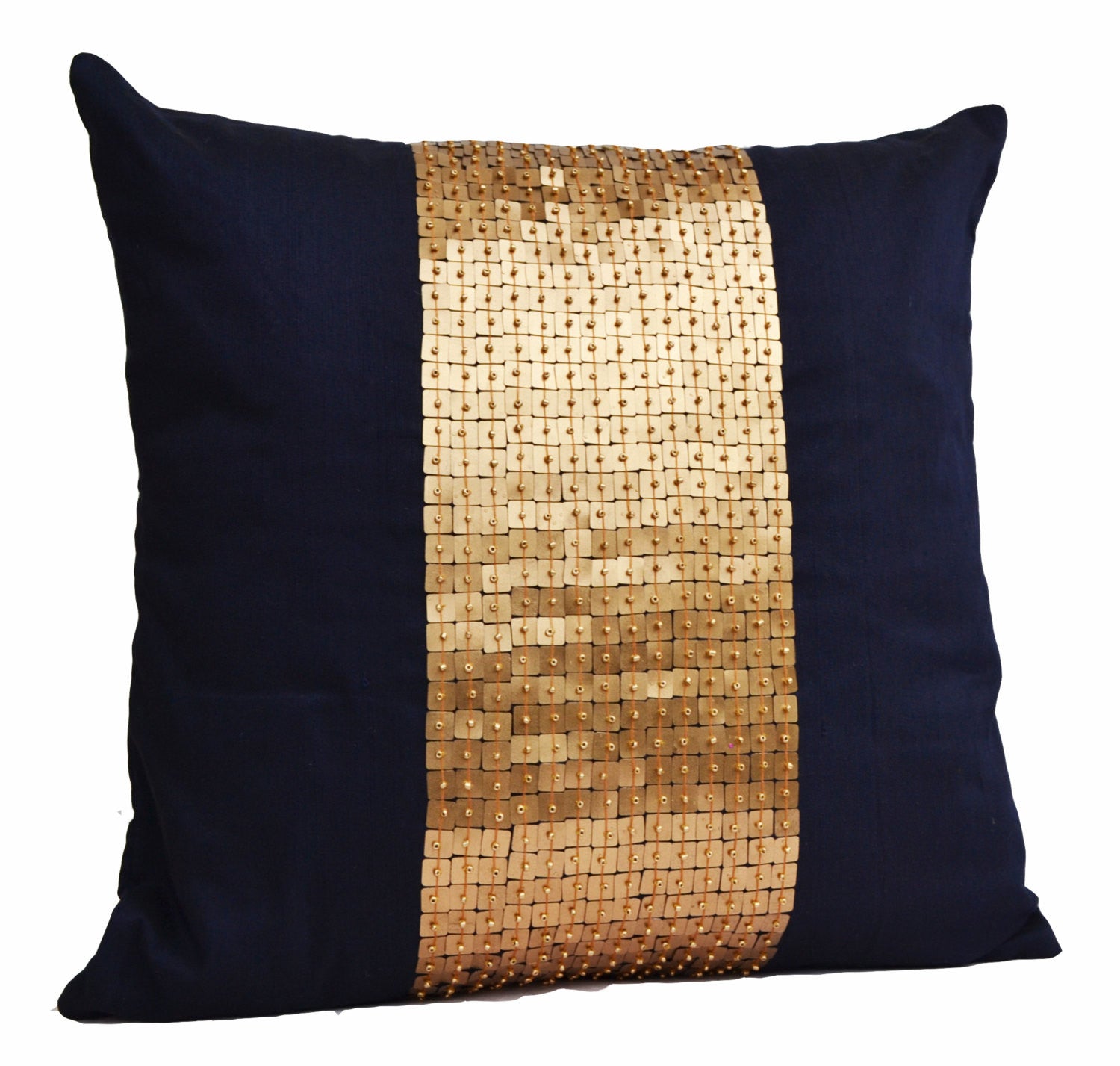 Handmade navy blue throw pillow gold color block in sequin and beads
