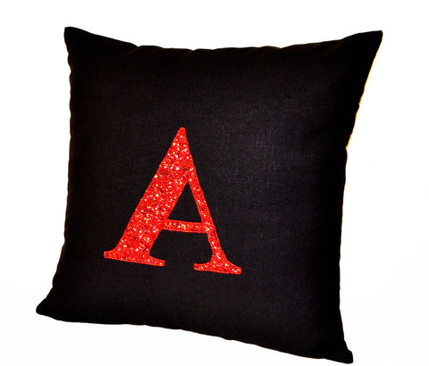 Handmade black linen pillow cover with red sequin monogram