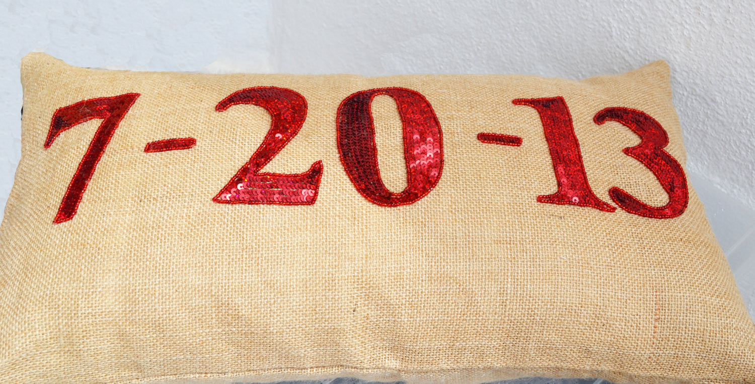 Handmade personalized date pillows with red sequin and monogram