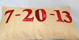 Handmade personalized date pillows with red sequin and monogram