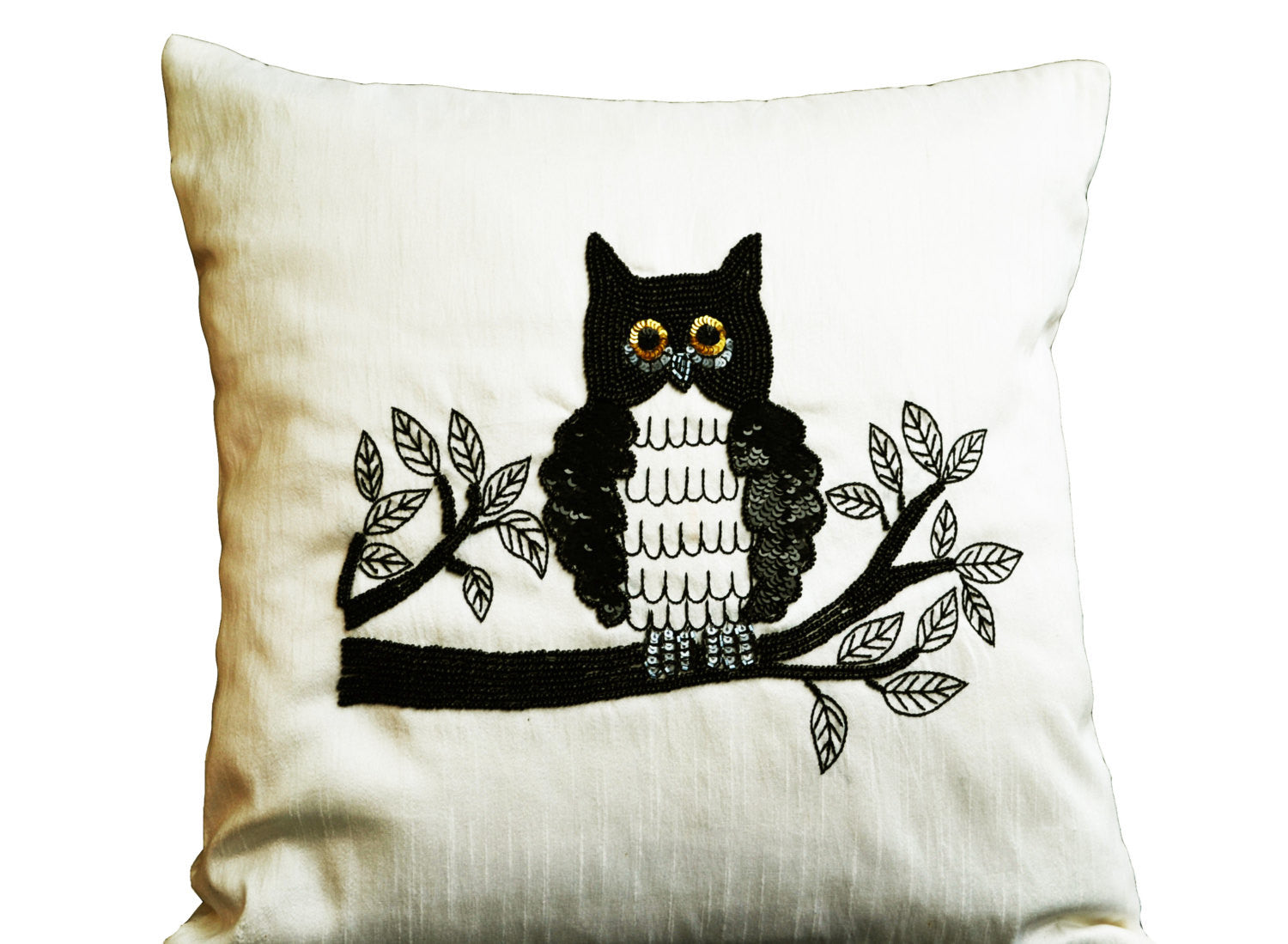 Handmade ivory silk pillow with owl embroidery