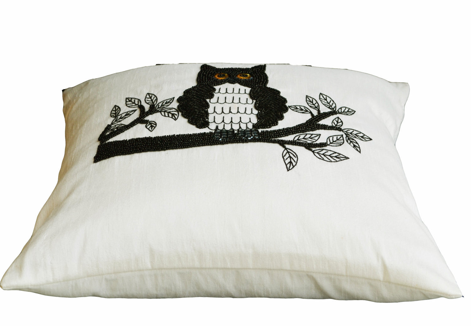 Handmade ivory silk pillow with owl embroidery