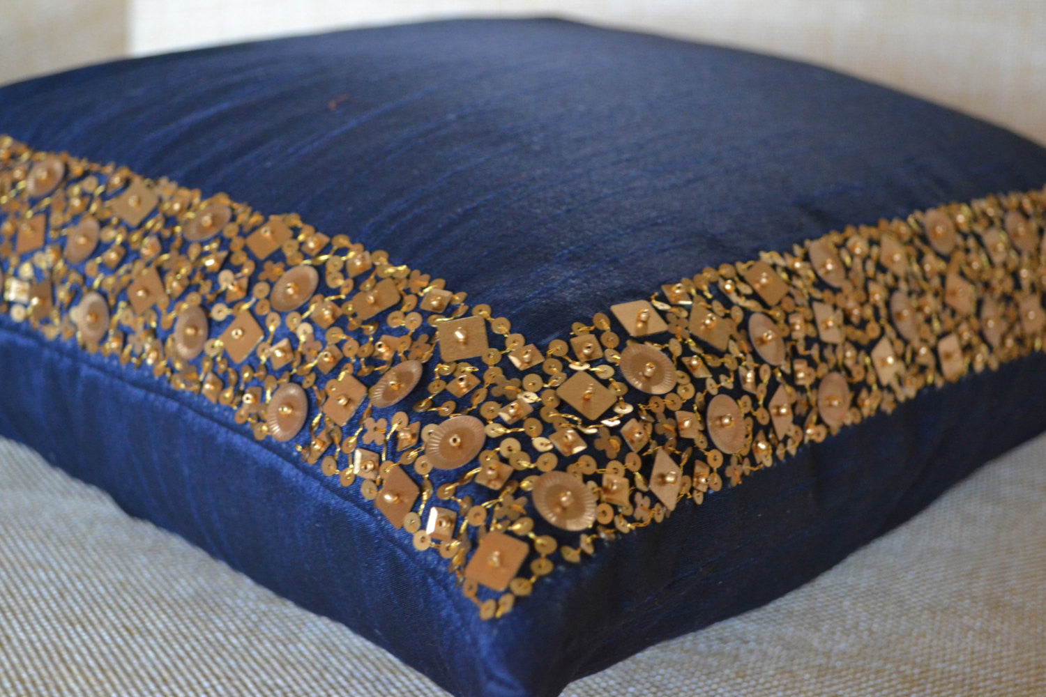 Handmade, navy blue throw pillow cover with gold sequin